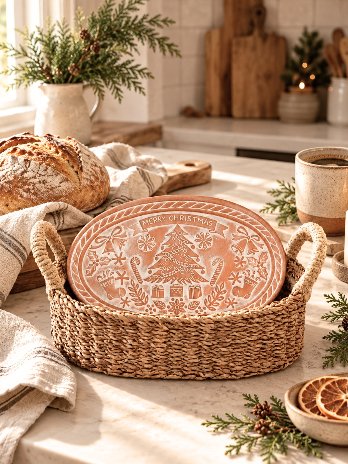 Bread Warmer & Basket Gift Set with Tea Towel - Christmas Oval-3