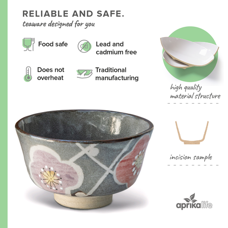 The Gray with Flowers Ceramic Matcha Bowl, part of the Organic Japanese Matcha Set, is perfect for an authentic matcha experience. Made from food-safe and lead-free materials, it traditionally complements any tea accessories, offering both style and safety as a charming matcha bowl.