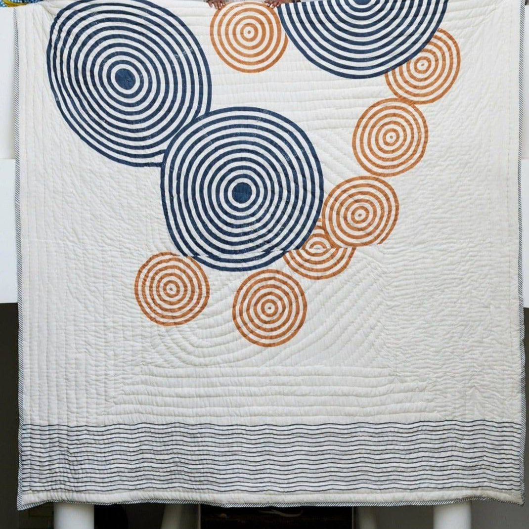 Quilt with circular pattern on a white background