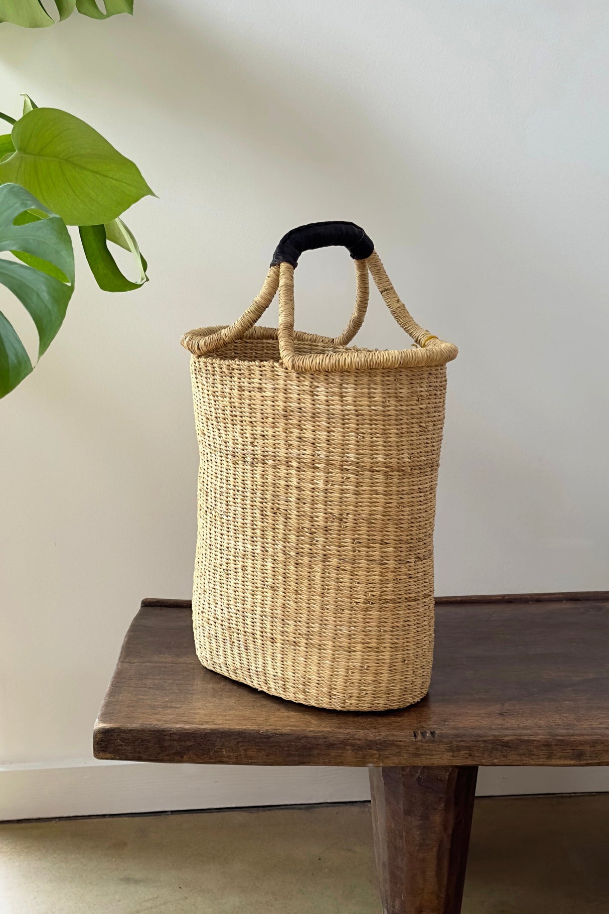 Handwoven Double Weave Pot Basket with Black Leather Handle
