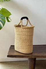 Handwoven Double Weave Pot Basket with Black Leather Handle