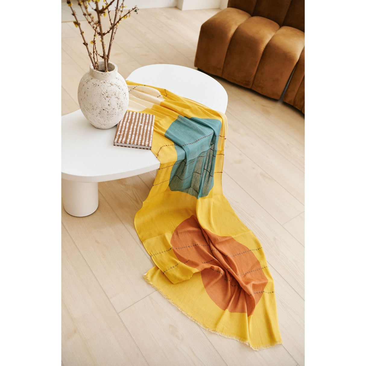 Cirq Sun Yellow Green Circle Pattern Hand Embroidered  Linen Silk Handloom Scarf - Sumiye Co