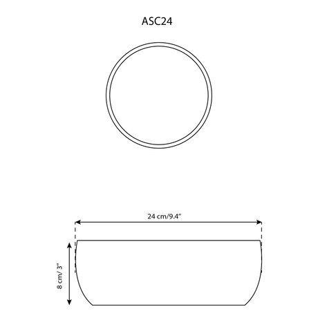 Technical drawing of a circular bowl with dimensions labeled
