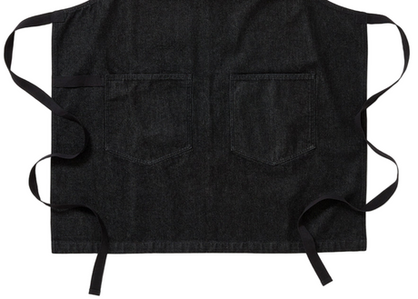 Black apron with a red label on a white background