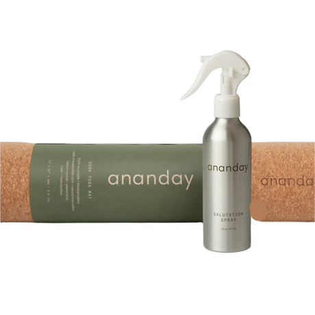 Ananday salutation spray bottle and mat on a white background