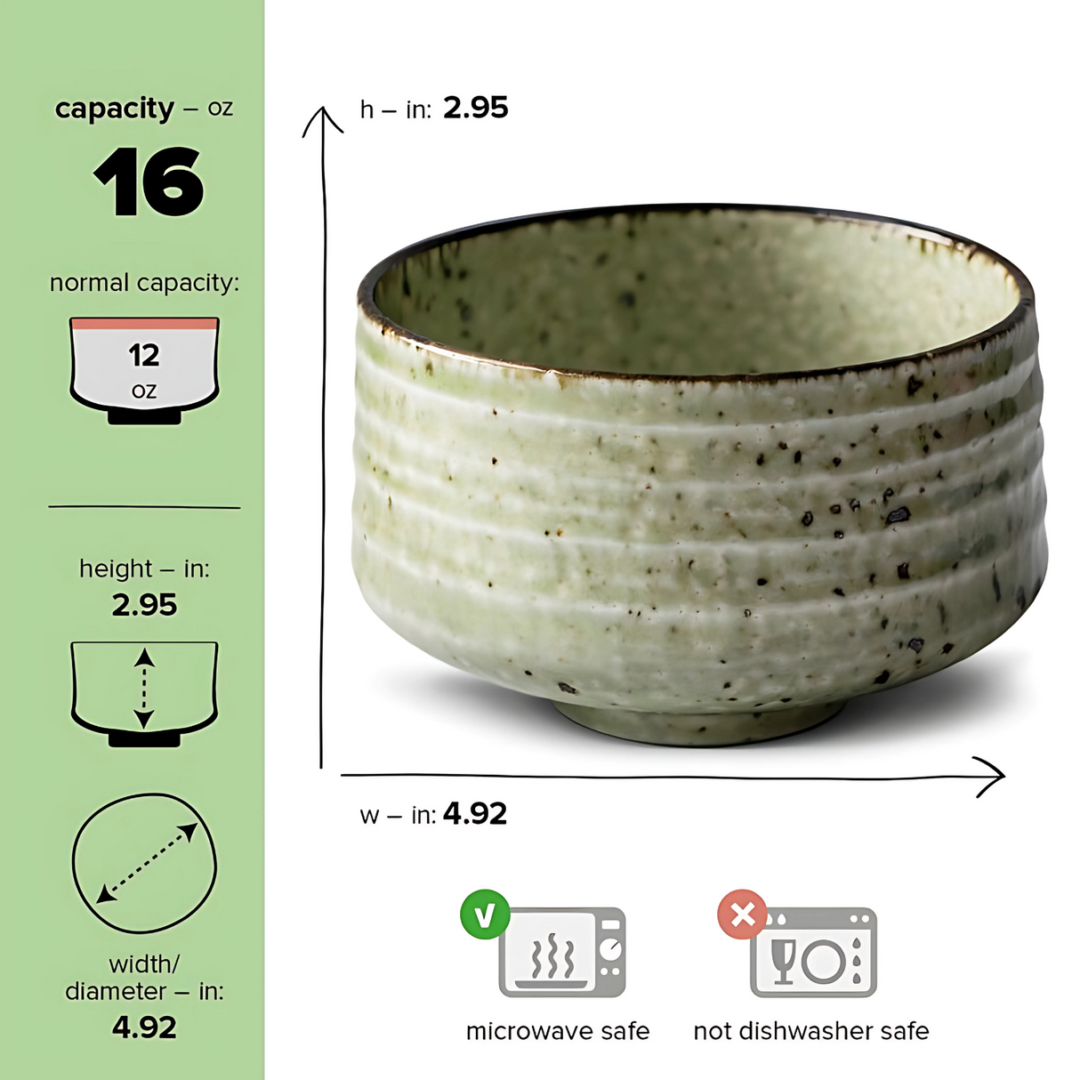 The Kaneni White Ceramic Matcha Bowl is a speckled ceramic bowl inspired by Japanese pottery, with a 16 oz capacity, dimensions of 2.95 in height and 4.92 in diameter; it's microwave safe but not dishwasher safe—ideal for matcha enthusiasts.
