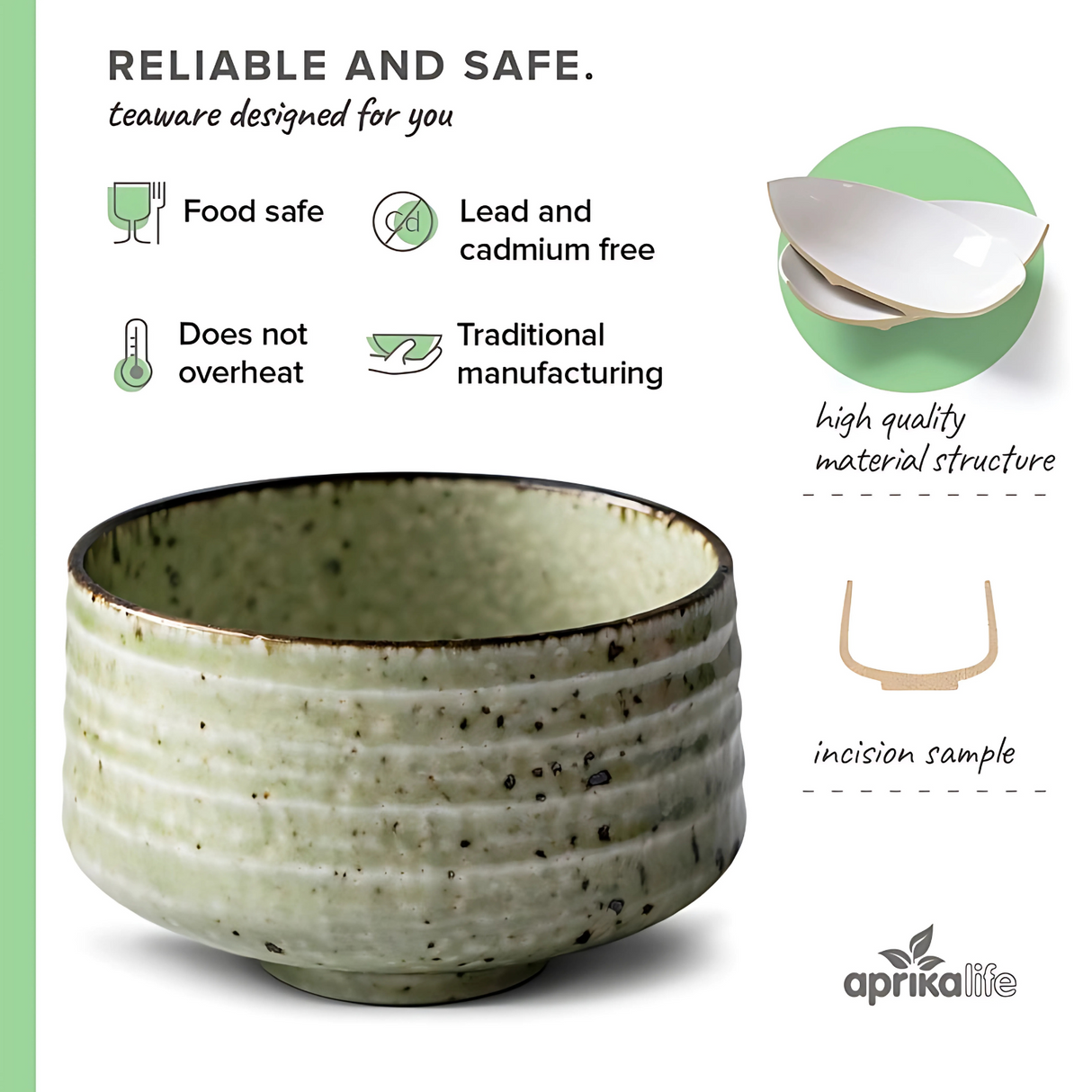 The green ceramic bowl, echoing Japanese pottery with its speckled design, emphasizes food safety and craftsmanship. It’s a perfect matcha accessory that complements the Kaneni White Ceramic Matcha Bowl.