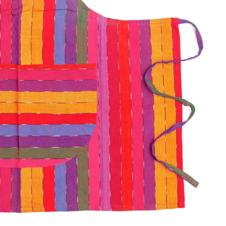 Colorful striped fabric with a pattern of horizontal stripes in various colors on a white background.