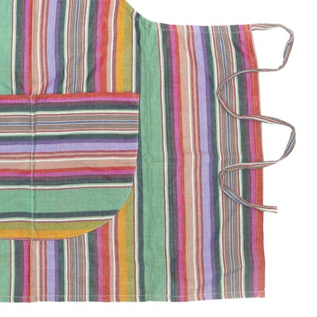 Colorful striped fabric with a patterned design on a white background