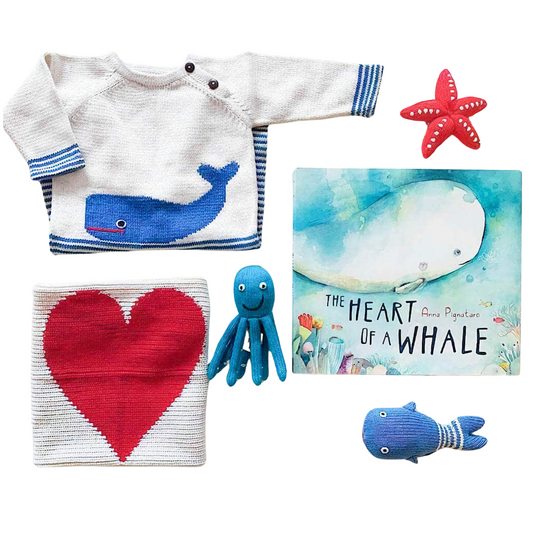 Baby Gift Set - Handmade Whale Long Romper, Heart Lovey, Sea Rattles & Whale Book