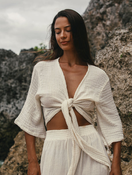 Bali Wrap Top - Natural With Gold Stripes - Sumiye Co