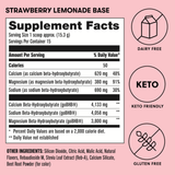 Supplement facts label for strawberry lemonade base on a pink background with icons indicating dairy-free, keto-friendly, and gluten-free.