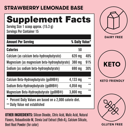 Supplement facts label for strawberry lemonade base on a pink background with icons indicating dairy-free, keto-friendly, and gluten-free.