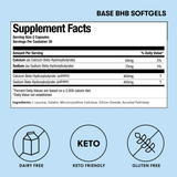 Supplement facts label for Base BHB Softgels on a light blue background