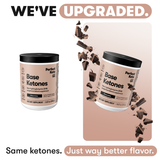 Two containers of Perfect Keto Base Ketones with chocolate pieces on a beige background.