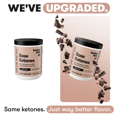 Two containers of Perfect Keto Base Ketones with chocolate pieces on a beige background.