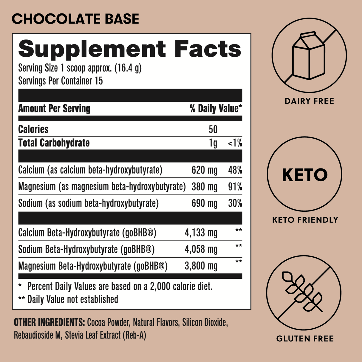 Supplement facts label for a chocolate base product on a brown background with icons indicating dairy-free, keto-friendly, and gluten-free.