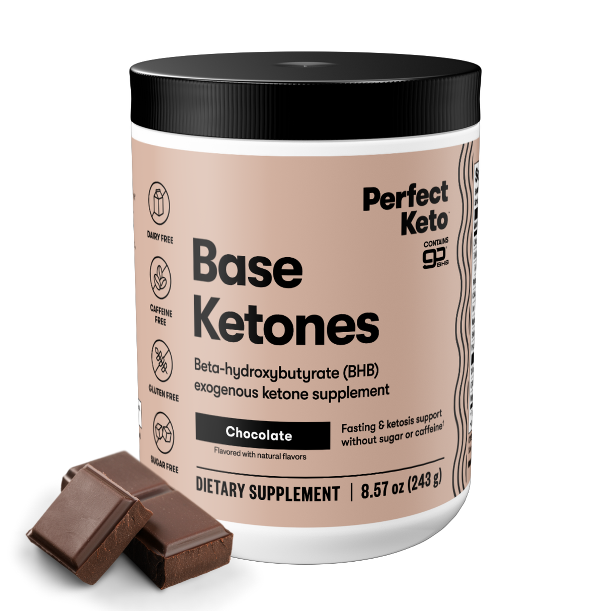 Perfect Keto Base Ketones container with chocolate pieces on a white background