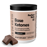 Perfect Keto Base Ketones container with chocolate pieces on a white background