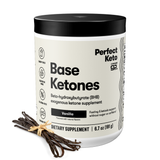 Container of Perfect Keto Base Ketones with vanilla beans on a white background