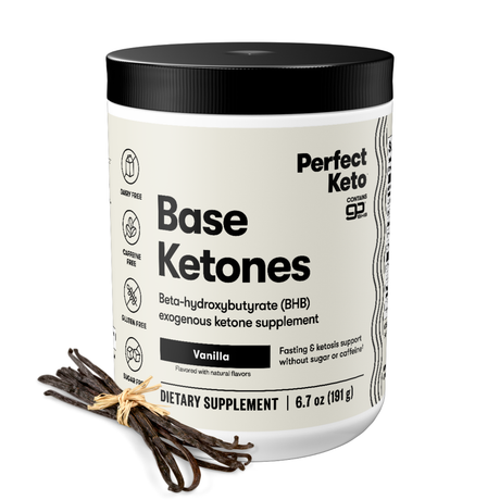 Container of Perfect Keto Base Ketones with vanilla beans on a white background