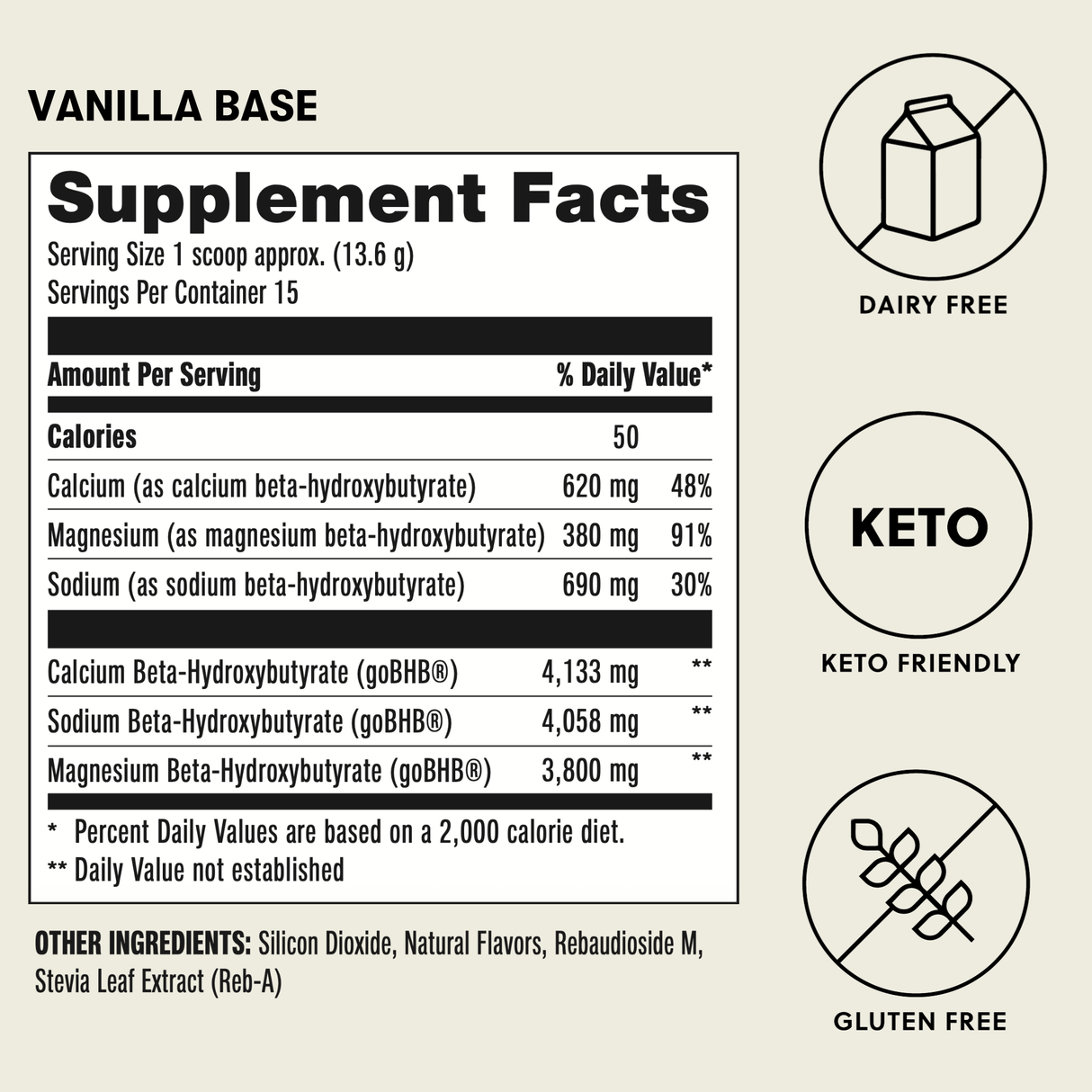 Supplement facts label for vanilla base with nutritional information and dietary labels on a beige background.