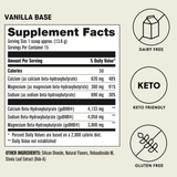 Supplement facts label for vanilla base with nutritional information and dietary labels on a beige background.
