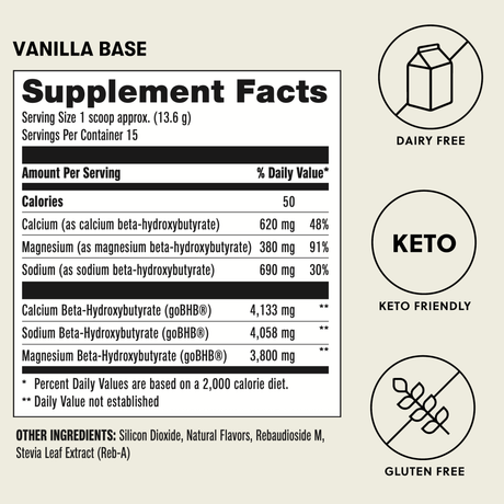Supplement facts label for vanilla base with nutritional information and dietary labels on a beige background.