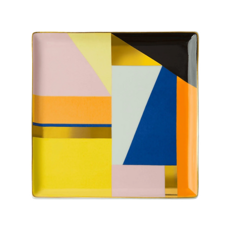 Colorful geometric-patterned tray on a white background