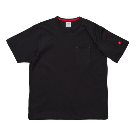 Black t-shirt with a pocket on a white background