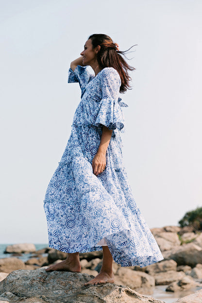 Block Printed Dress - Blue Floral-5