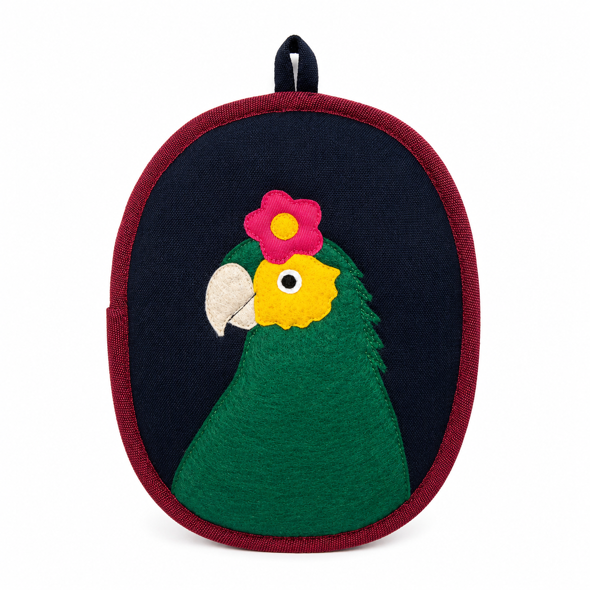 Colorful parrot-shaped pouch with a flower on a white background