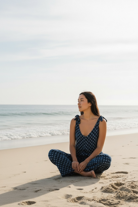 Woman sitting on the beach with ocean view