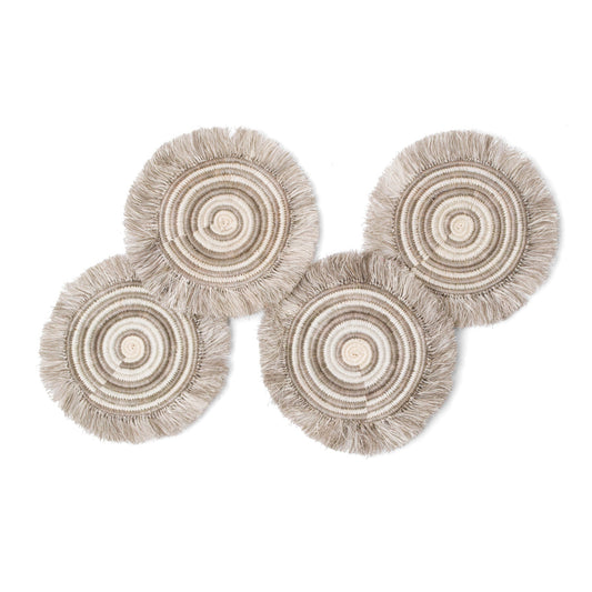 Fringed Taupe Geo Drink Coasters, Set of 4 | Home Decor