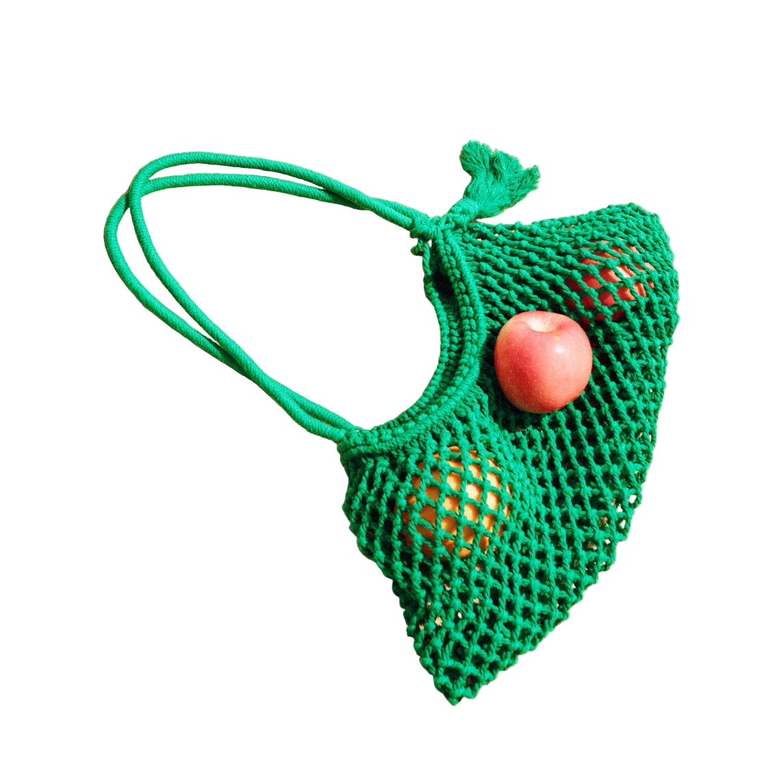 Green mesh bag with fruits on a white background