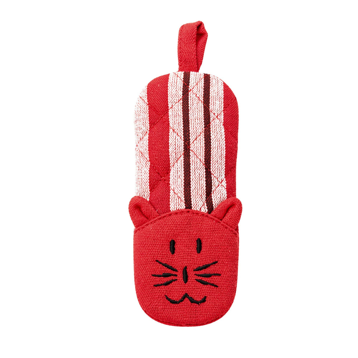 Red cat-shaped towel holder with striped pattern on a white background