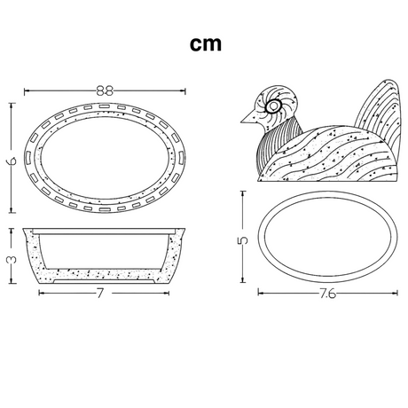 Technical drawing with dimensions of a decorative item and a bird-like figure.