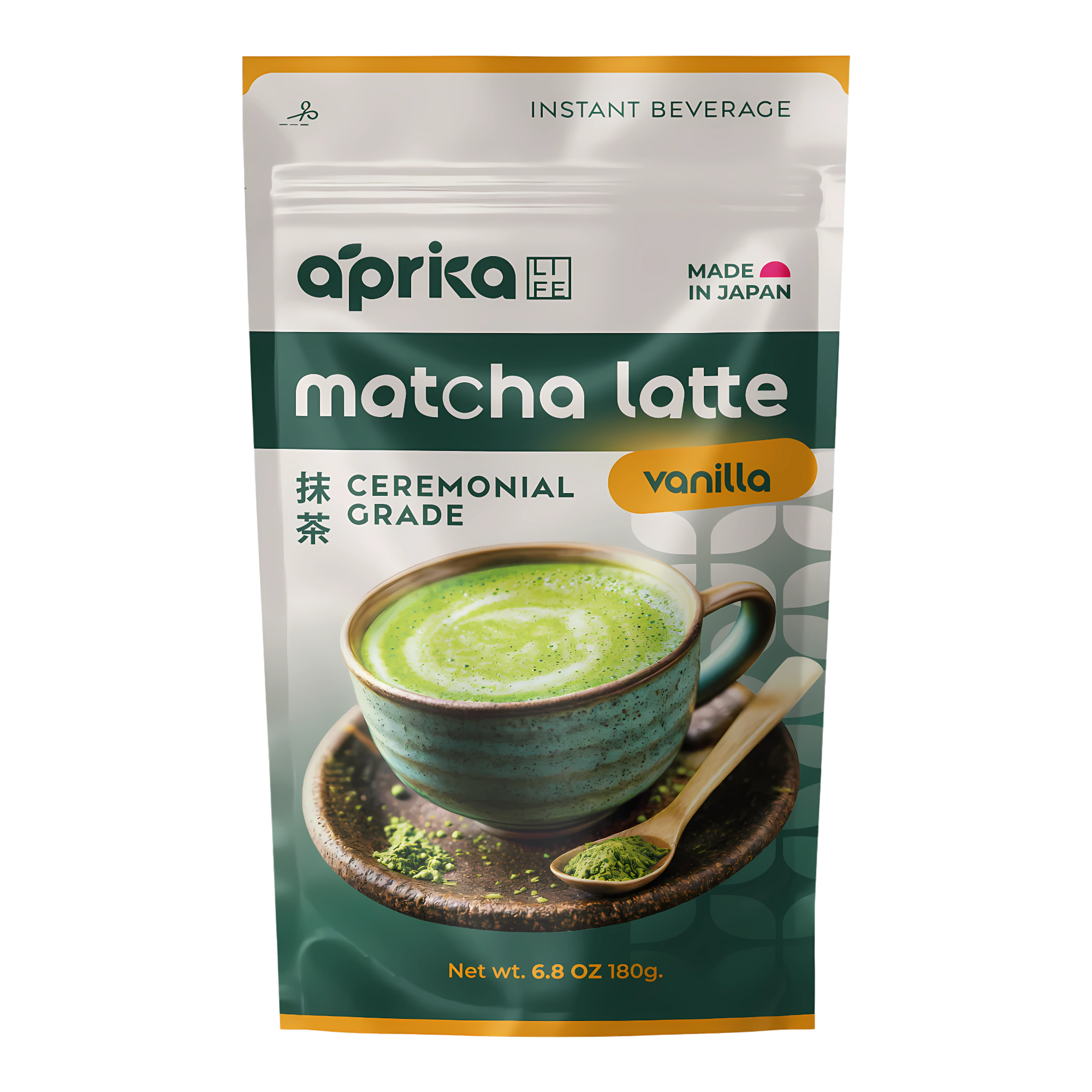 A package of Ceremonial Grade Matcha Latte Powder Mix with Natural Vanilla Flavor, featuring a cup of vibrant matcha on the front.