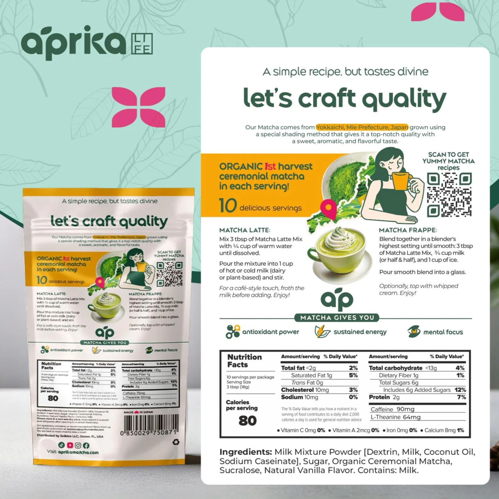 Front and back of Ceremonial Grade Matcha Latte Powder Mix with Natural Vanilla Flavor packaging, showing product details, ceremonial-grade matcha ingredients, and preparation instructions.
