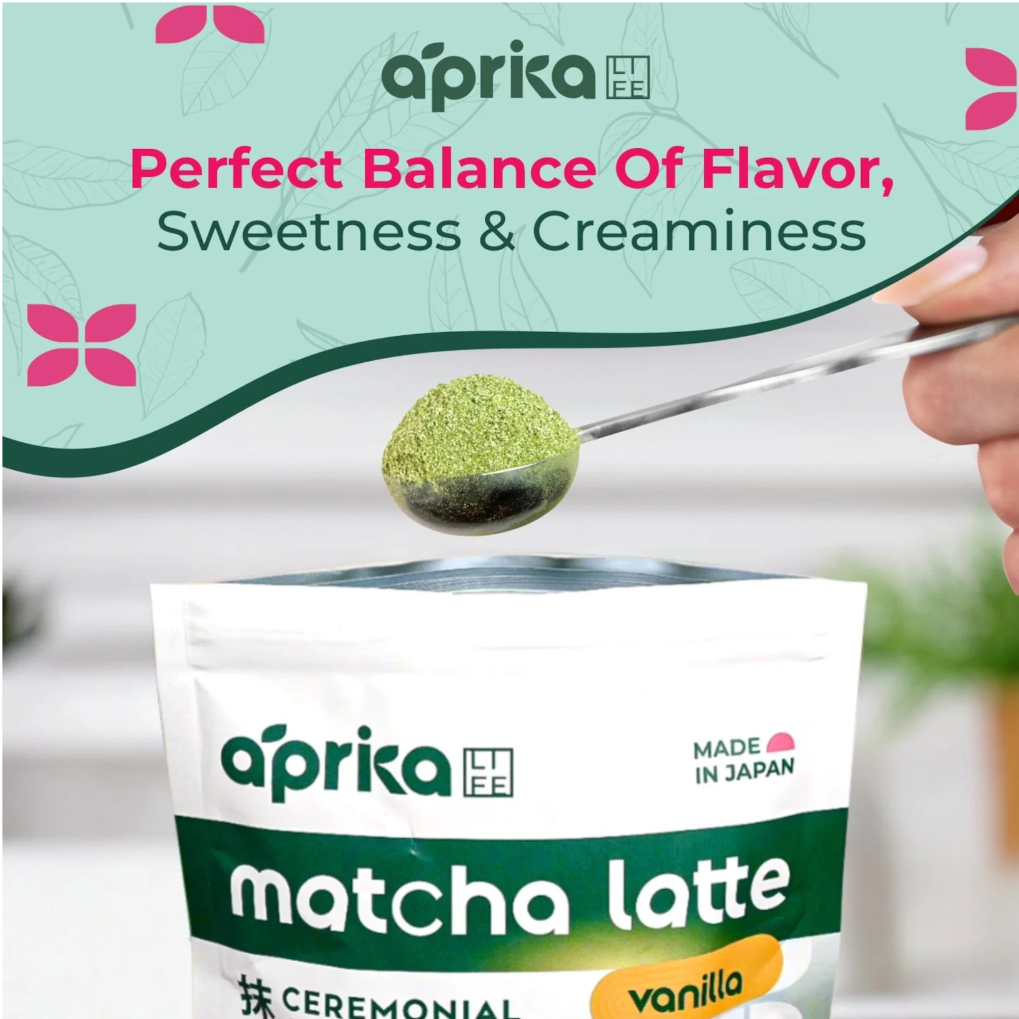 A spoonful of Ceremonial Grade Matcha Latte Powder Mix with Natural Vanilla Flavor is held above its bag.