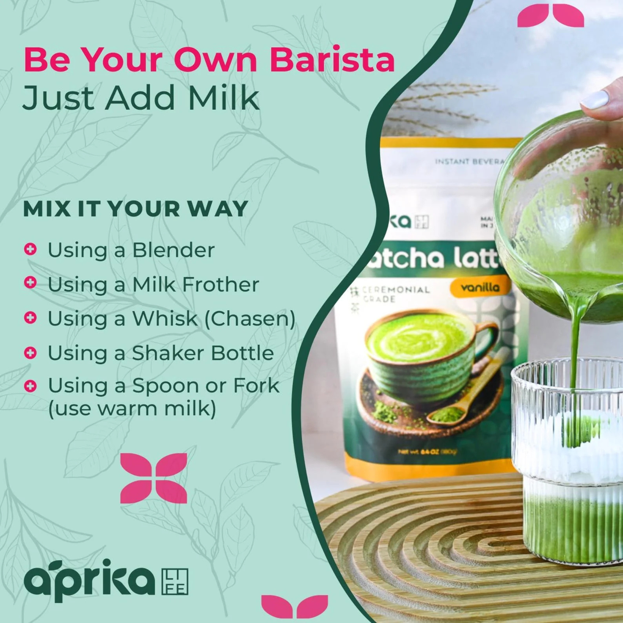 A hand pours vibrant green matcha latte into a glass beside a pouch of Ceremonial Grade Matcha Latte Powder Mix with Natural Vanilla Flavor, complete with a mixing tips list.