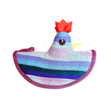 Colorful striped rooster-shaped toy on a white background