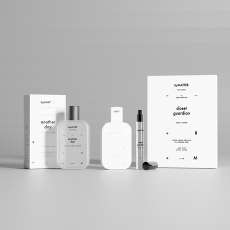 This image displays a sleek, minimalistic approach to fabric care with the "Another Day + Closet Guardian" set from byINNOVATION. The composition features a collection of white bottles and packaging, emphasizing the products' focus on wardrobe care and sustainability.