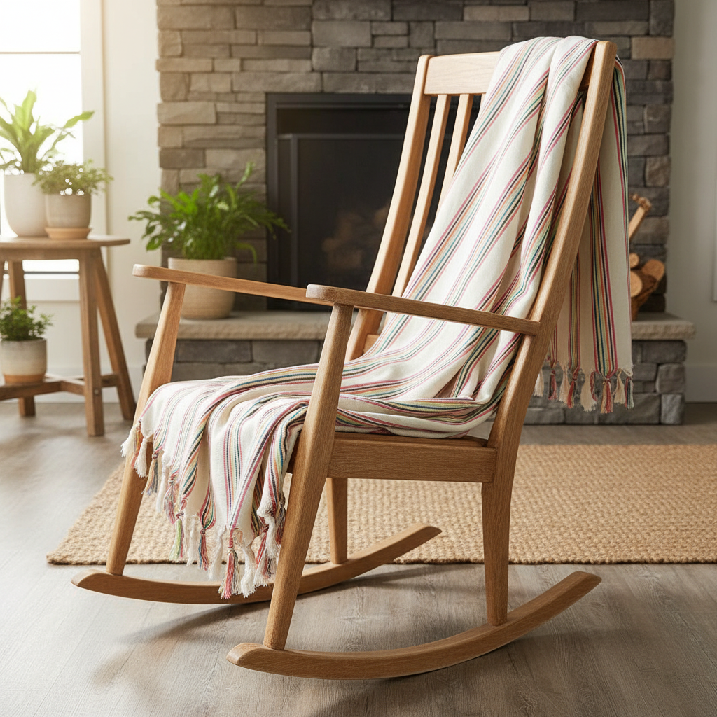 Wooden rocking chair with a striped blanket in a cozy living room.