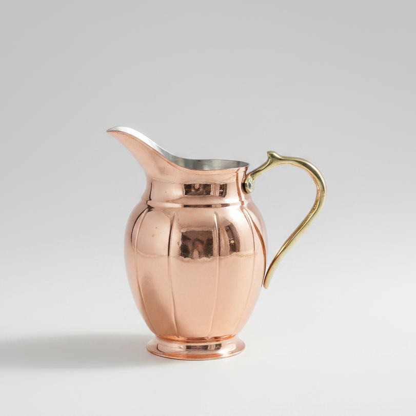 Copper pitcher with a gold handle on a light gray background
