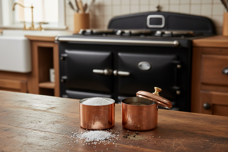 Copper measuring cups on a wooden surface with a black stove in the background