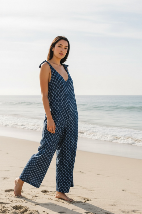 Woman in a blue patterned jumpsuit standing on a beach with ocean waves in the background