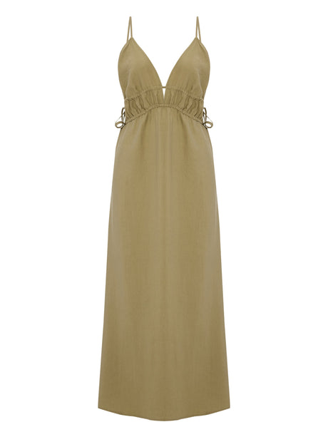 Sofia Ties Maxi Dress - Khaki Green - Sumiye Co