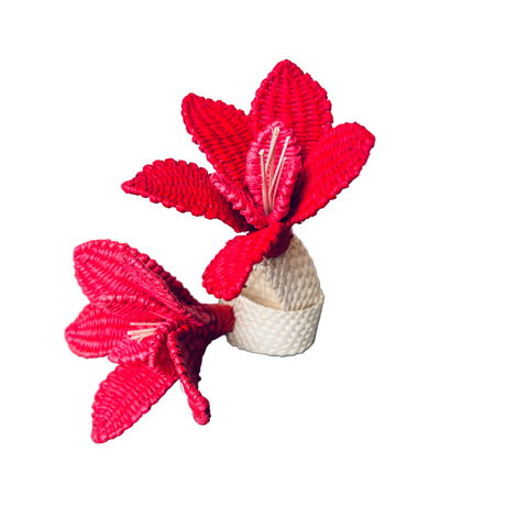 Red knitted flower napkin ring with a white base on a white background