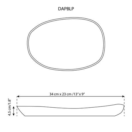 Diagram of a oval-shaped platter with dimensions labeled